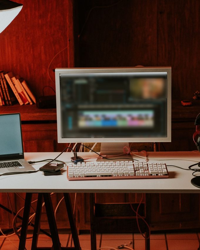 木の棚の部屋に置いた編集机。モニターに編集の画面が映っている